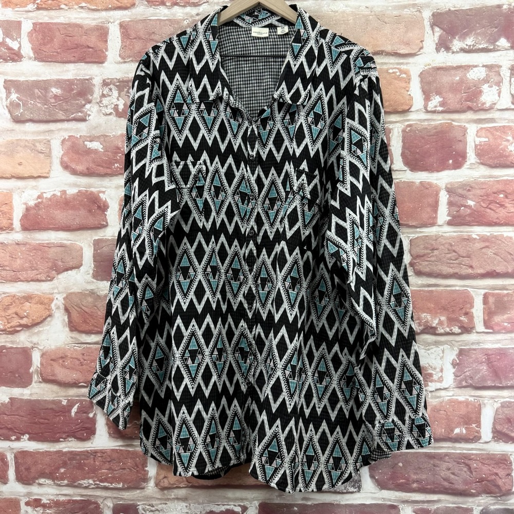 Westbound Woman Top Women's 3X Black Multicolor Geo Abstract Button Up Shirt